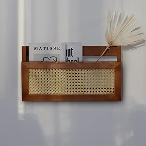 FIRADE Wall Wood Magazine Rack with PE Rattan Grid,Size 17.3" x 4" x 9.4",File Holder For Entryway, Living Room, Waiting Room, Kids’ room,Office（Brown） Cover