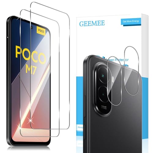 GEEMEE 2+2 Piezas para Xiaomi Poco M7 4G Protector de Pantalla + Protector de Lente de cámara, 9H Cristal Templado Película Vidrio Templado, HD Instalación Rápida Glass Screen Protector