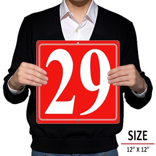 Image of Premium Aluminum Number Signs 29, Metal 12 inch X 12 inch Red Numbered Signs Outdoor for Parking Lots, Floor, Dock, Court, Aisle, Field, High Visibility, No Fade, Weather-resistant