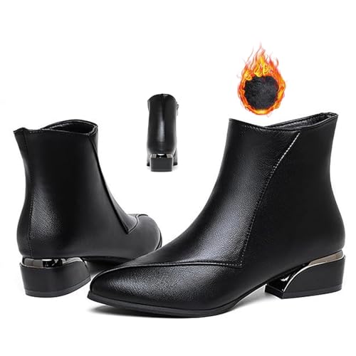MASHANGGOU Botines de tacón bajo para mujer, elegantes botines de tacón bajo, botas de tacón grueso con cremallera lateral, botas de cuero impermeables (38EU, felpa negra)
