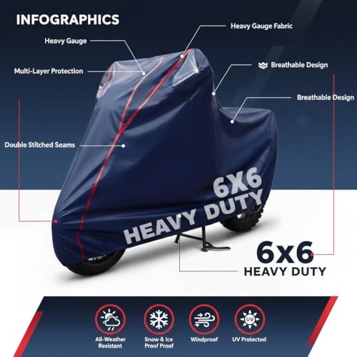 Image of 6X6 Heavy Duty Bike Cover for HF Deluxe, Dual Tone Blue & Red Piping, All-Weather Protection, Waterproof, UV Resistant, Dustproof, Durable Outdoor Motorcycle Body Covers for Daily Use