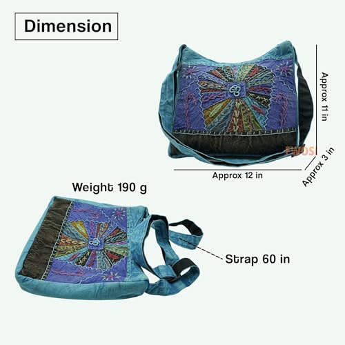Cotton Crossbody Messenger Bag, Handmade Boho Design, 12 x 11 x 3 inches, 60-inch Strap, Purple and Teal2