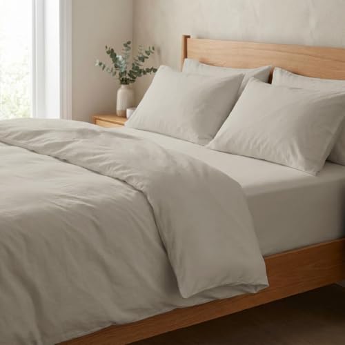 Image of Blue Dahlia 100% Cotton, King Size /Double, Elastic Fitted Bedsheet (72 inchx78 inch) + 2 Pillow Covers, Percale Weave, Fits Upto 10 inch Mattress, 200TC Solid Premium Bedsheet, Colour: Beige