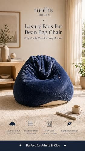 Image of Mollismoons Faux Fur Bean Bag Chair Cover for Adults & Kids | Luxury Lounger & Round Floor Sofa Seating | Modern Cozy Feel | No Beans Included (Navy Blue, Teardrop)