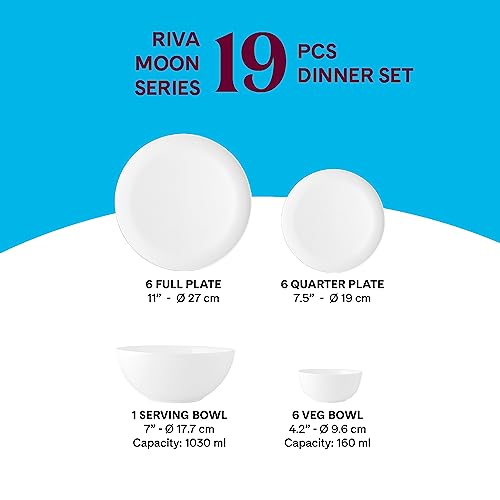 Image of Larah By Borosil Moon Riva Dinner Set - 19 Pcs, Opal Glass Dinner Plates & Bowls Crockery Set for Dinning, White