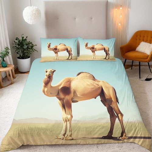 Double Desert Camel Bedding Set Ultra-Soft Microfiber Duvet Cover Set 3Pcs - 200x200cm + 2 Pillowcases 50x75cm - Wildlife 3D Printed Design with Zip Closure & Corner Ties