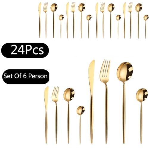 Image of Stainless Steel Gold Cutlery Set for 6 Person with Gift Box 24 Pieces Mirror Finish Luxury Premium Flatware Set for Dining Table Hotel Cafe Bar Restaurant House Warming Gifts
