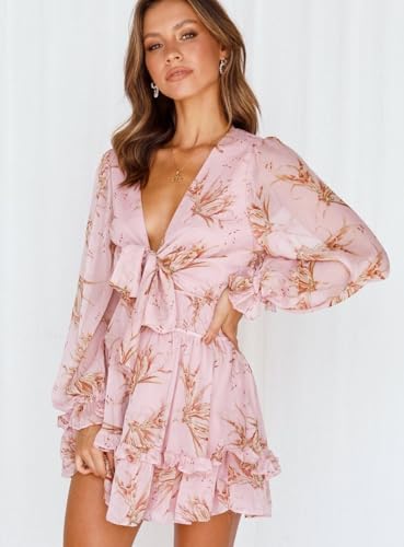 Image of AlvaQ Womens Spring Summer Knot Front V Neck Ruffles Long Sleeve Floral Print Swing Mini Dress, Medium