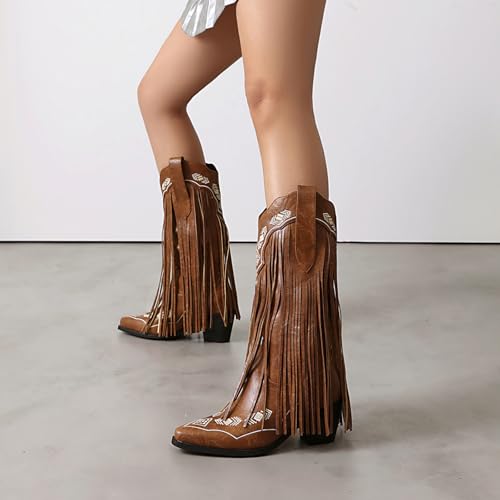Image of Embroidered Fringe Cowboy Boots for Women, Pull On Mid Calf Chunky Block Heel Pointed Toe Western Cowgirl Boots Riding Country Boot Retro Boots