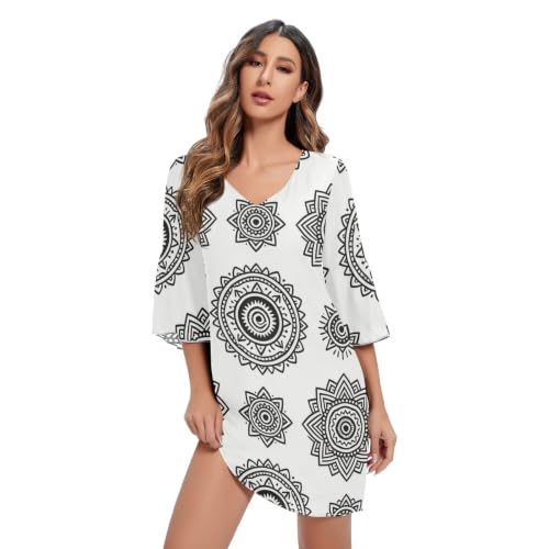 Robe trapèze en mousseline de soie noire avec motif mandala bohème chic
