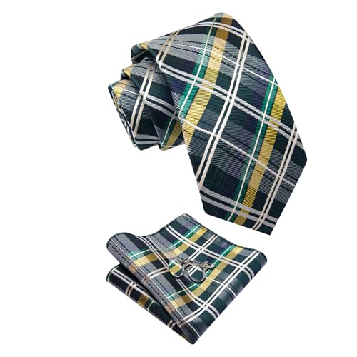 Image of YourTies Striped Plaid Ties for Men Silk Formal Necktie Set | 3.15 inch(8cm) Woven Jacquard Mens Ties with Necktie Pocket Square Cufflink Tie Clip Lapel Pin for Wedding Business Party