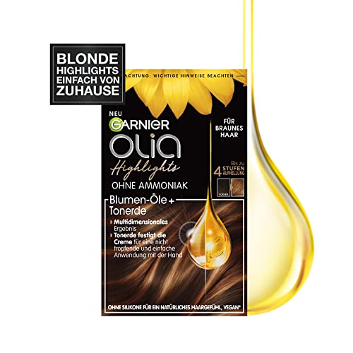 Garnier Haarfarbe Set für Strähnchen und Highlights in braunem Haar, Mit Blüten-Ölen und Tonerde, Ohne Ammoniak und Silikone, Bis zu 4 Stufen Aufhellung, Olia, Braun