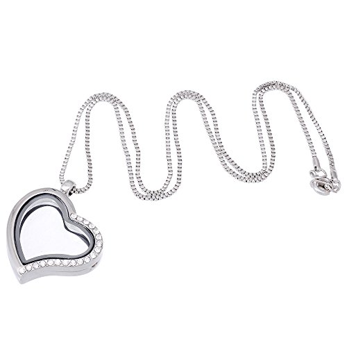 RUBYCA Living Memory Floating Charm Heart Glass Locket Pendant Necklace 20 Inches 5pcs Silver Color