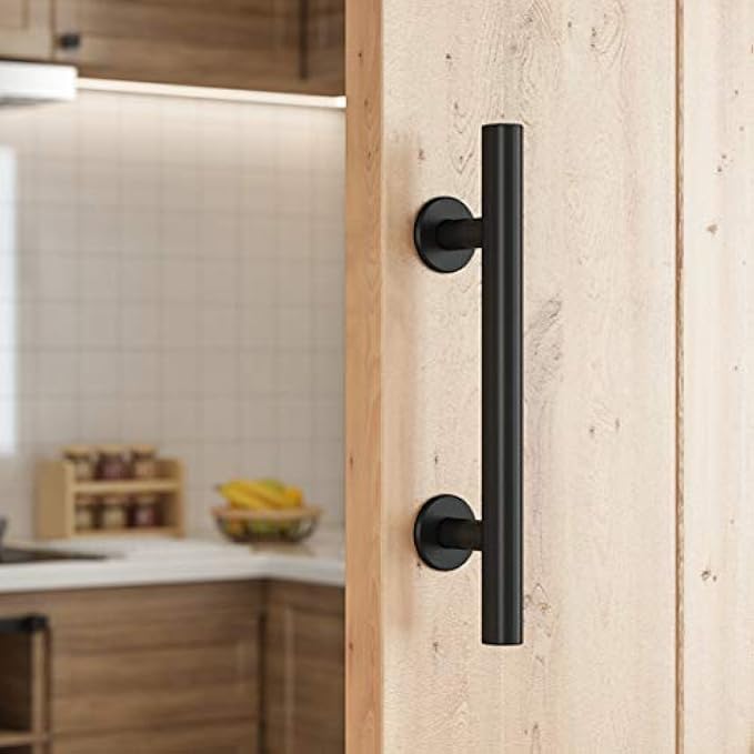 SMARTSTANDARD 10 Inch Sliding Barn Door Handle, Pull and Flush Hardware Set, Black, Large Rustic Two-Side Design, Round