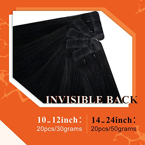 Image of Full Shine Tape Hair Extensions Real Human Hair Color Jet Black Invisible Tape in Hair Extensions Human Hair 14Inch Soft Straight Human Hair Extensions Tape in 20Pcs 50Grams Add Volume