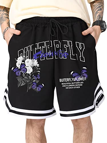 Oyoangle Men's Paisley Print Drawstring Shorts Athletic Gym Workout Shorts With Pocket Black Floral Letter S #TOP23