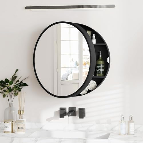 Image of iSTAR Round Wall Mirror with Storage Shelf | Bathroom Vanity Mirror with Hidden Storage Cabinet | Wall Mounted Decorative Mirror for Bathroom, Bedroom, Living Room (Black)