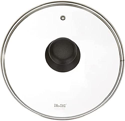 Ibili 970722 Coperchio in vetro con foro per il vapore, Adatto per pentole da 22 cm, Trasparente/Argento/Nero