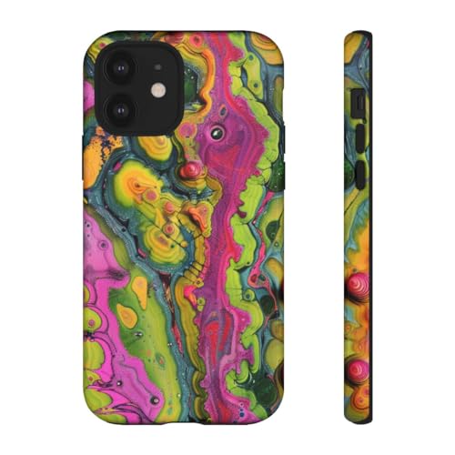 Coque rigide brillante iPhone 12 jaune aux motifs organiques colorés
