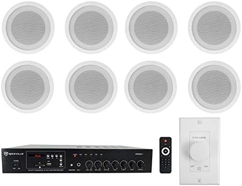 Rockville Commercial Restaurant Amp+(8) 5″ White Ceiling Speakers+Wall Control