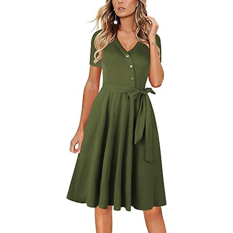 Sakaly Fall Dresses for Women Casual 3/4 Sleeve Button Down V Neck Belt Midi Dress with Pockets SW309 - green - XX-Large Cover