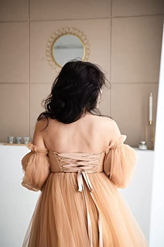 Qqcute Champagne Maternity Dress For Photoshoot Puffy Sleeves Tulle Robe Bridal Dressing Gowns Off Shoulder Pregnancy Baby Shower(S-M) #TOP4
