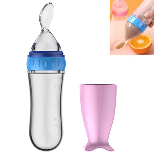 GNAUMORE Cuchara para Biberón para Bebés,Biberón de Silicona de 90 Ml para Bebés y Niños,Cuchara Dispensadora de Comida de Silicona,Bebe Biberón con Cuchara,Biberón de Alimentación A Prueba de Fugas