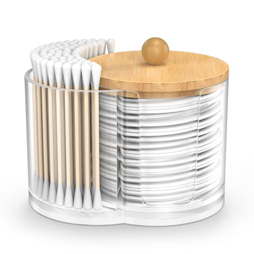 PENGARO Cotton Pad Swab Holder, Q tip Holder Round Cotton Dispenser Small Plastic Swabs Dispenser with Lid, Bathroom Accessories Storage Organizer for Pads Floss Picks, Clear
