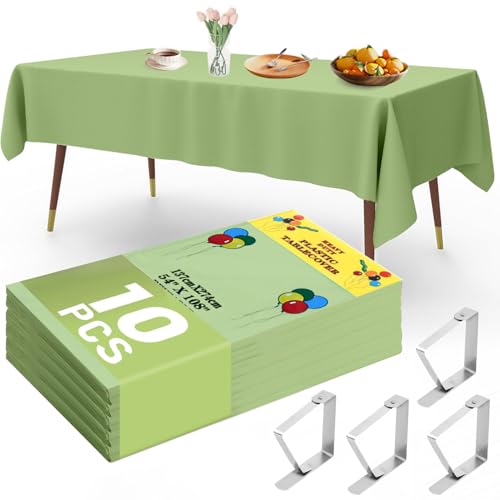 YSOOUA Mantel Desechable 10 Piezas Manteles de Mesa de Plastico 137 x 274 cm Mantel Verde con 4 Piezas Pinzas para Mantel para Restaurantes, Picnics, Fiestas, Eventos, Bodas