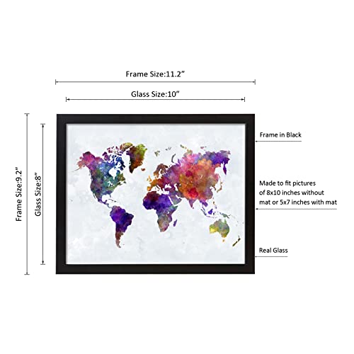 Wieco Art Colorful Vintage World Map With Black Picture Frame And Real Glass Made To Display Pictures Or Photos 5X7 With Mat Or 8X10 Without Mat #TOP7