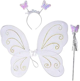 Culture Creation Fairy Butterfly Wings Costume for Girls Kids Angel for Party Set of 3 (Wings,Hairband,Stick) White