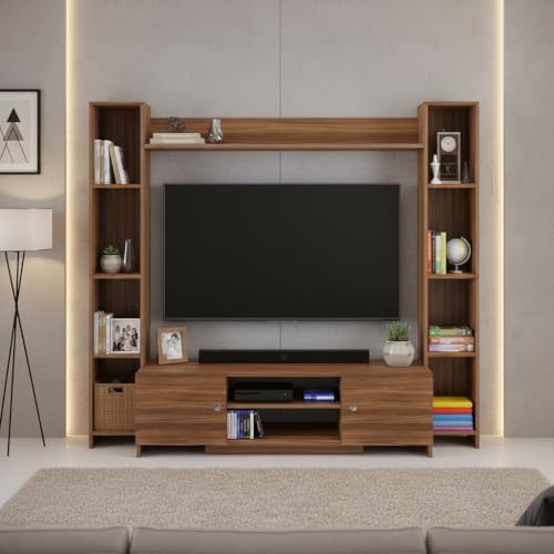 Image of FURNEASER Decoria Wooden TV Cabinet Unit with Side Bookshelf & Storage | Modern Entertainment Center for Living Room | TV Stand for Up to 43-50 Inch TV (Exotic Teak)