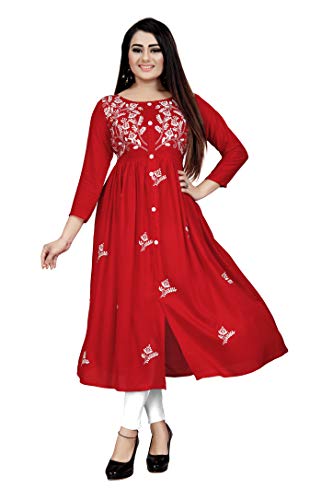 Image of Women's Rayon Flared Embroidery Kurti Under 599 Designer Attractive Look Women's Kurta