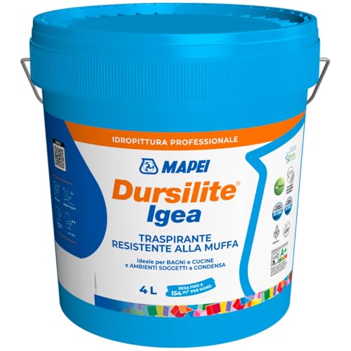 MAPEI Dursilite Igea, Idropittura Traspirante Antimuffa per Interni, Bianco, Resistente all'Umidità, Opaca, Lavabile, per Bagni e Cucine (4 Litri)