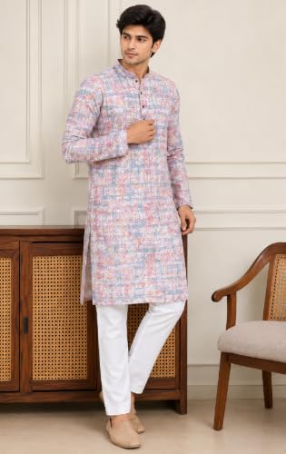 Image of FOXDX Men's Cotton Kurta, Ethnic Printed Kurta for Perfect Ethnic Look, Stand Collar Long Sleeve Casual Printed Regular Long Kurta