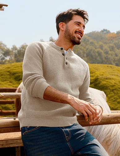 PJ PAUL JONES Mens Sweaters Casual Waffle Pullover Sweater Button Crewneck Textured Knit Henley Sweaters4