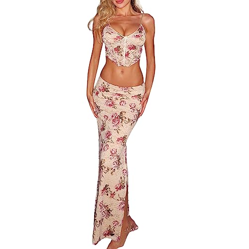 Women Y2K 2 Piece Long Skirt Set Lace Up Back Tank Tops Tie Up High Waist Long Skirt Split Maxi Skirts Outfits