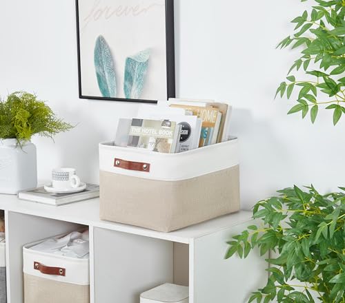 Image of DECOMOMO Foldable Storage Bin Collapsible Sturdy Cationic Fabric Storage Basket Cube W /Handles for Organizing Shelf Nursery Home Closet (Khaki and White, Extra Large - 15.8 x 12.5 x 10)
