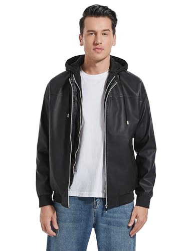 Mens Leather Jackets Black Faux Leather Motorcycle Bomber Jacket with Removable Hood