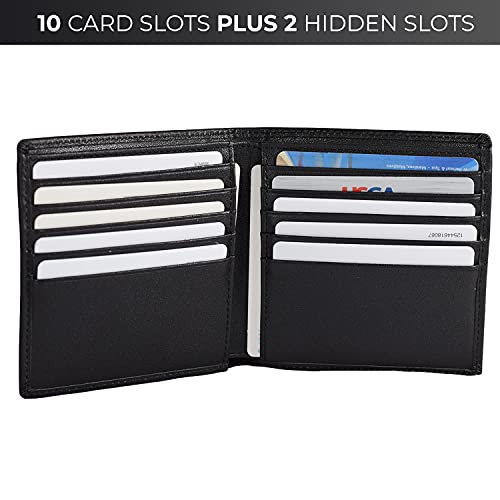 Large Wallet for Men with 10 slots for credit cards and IDs. Slim Design to fit in your pocket, Not Bulky. Minimalist Bifold Organizer. Made with Top-Grain Leather. 4x4 in.4