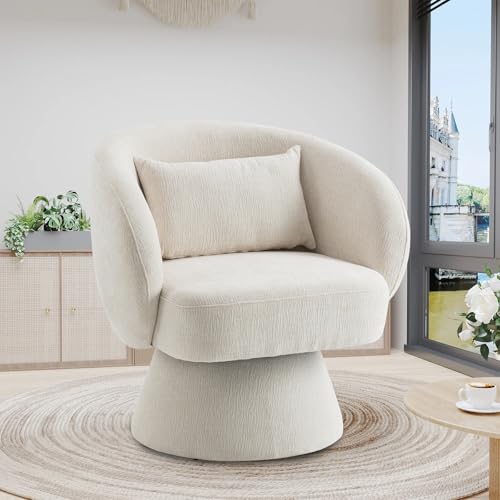 MASLIER Swivel Accent Chair, Sherpa Bucket Chair Velvet Upholstered Armchair, 360° Swivel Bucket Shaped Armchair with Pillow and Round Back, for Living Room, Bedroom, Nursery (Beige)