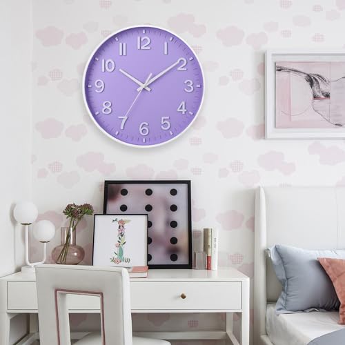 Image of HZDHCLH Purple Wall Clocks Battery Operated,12 inch Silent Non Ticking Modern Wall Clock for Living Room Bedroom Kitchen Office Classroom Decor