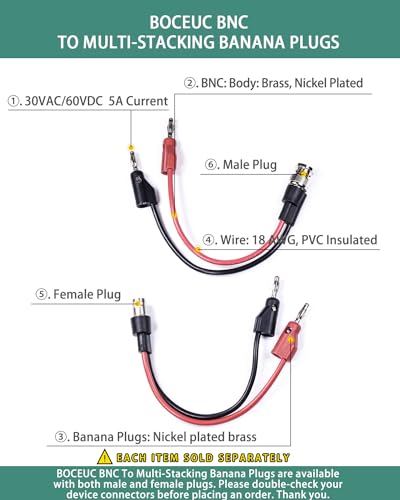 Image of BNC Test Leads, BNC to Multi-Stacking Banana Plugs, Test Lead Breakout Cable for Multimeter, 5A Current Rating, 1 Pack