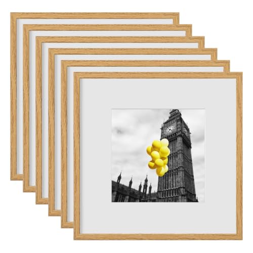 BSRHOME 12x12 Picture Frame Set of 6, Display Pictures 8x8 with Mat or 12x12 Without Mat, Tabletop Display and Wall Hanging Photo Frame, Gallery Wall Frame Set, Honey Oak