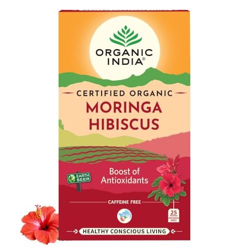 A TATA Product – Organic India Moringa Hibiscus Infusion, 25 Tea Bags, Certified Organic, Antioxidant-Rich, Caffeine-Free, Whole Herb Blend