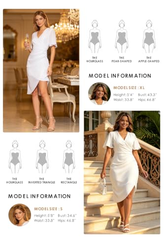 Image of Women's Wrap V Neck Asymmetrical Hem Midi Ruched Cocktail Evening Dress | Back Zipper, Regular Fit, Club Night, Semi Office Formal, Wedding Dinner Date, Flutter Short Sleeve, High Low Irregular Hem