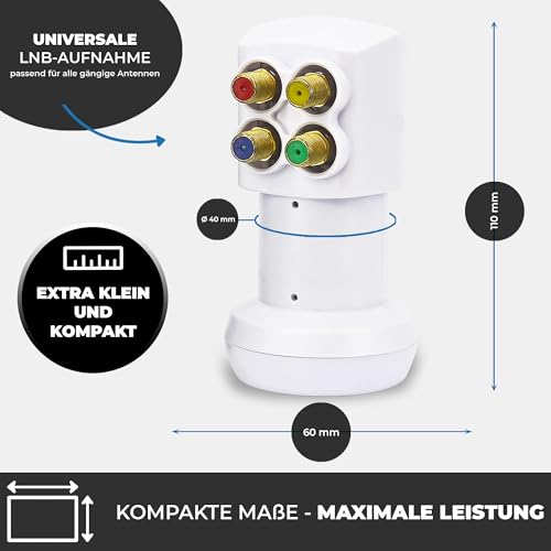 Miniatura 3 de Premium X Pxv-Qs Quad Lnb - Cabezal Lnc De 4 Vías Con Filtro Lte - 4 Participantes - Sat Digital Dvb-S2 4k Hd 3d - Contactos Dorados - Blanco - Extrapequeño - Incluye 8 Conectores F