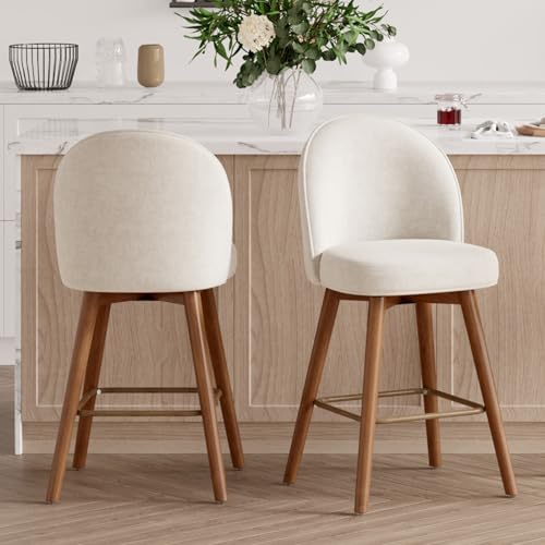 Image of Modern Swivel Bar Stools Set of 2, Chic Upholstered Counter Height（26IN） Bar Chair with Back, Solid Wood Legs and Footrest, Comfortable Chenille Bar Stool for Kitchen Island, Cream White