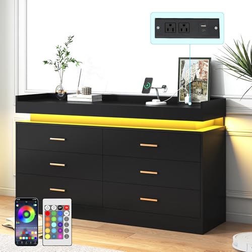 Image of jiteentarou 6 Drawer Dresser with Charging Station and LED Lights, Modern Chest of Drawers with Power Outlet, Organizer Cabinet for, Living Room, Black