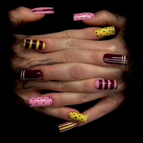 OCTOSWAVE Press on Nails Medium Square Fake Nails Burgundy Plaid and Polka Dot Designs Glossy Glue on Nails for Party and Gifts 24Pcs